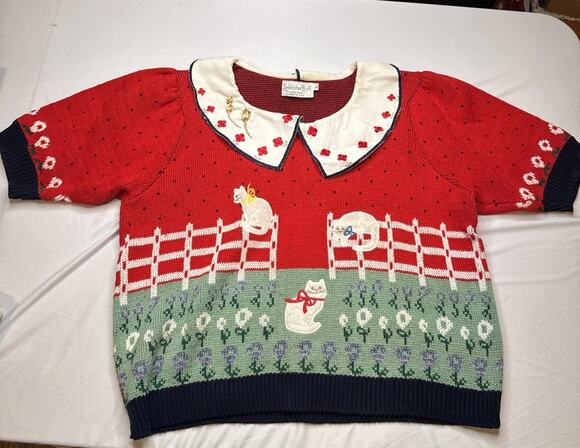 Sweater Loft Sweaters - vtg Sweater Loft Womens L Knit Cat Floral Flower Red Cottage Core Grandma Kawaii
